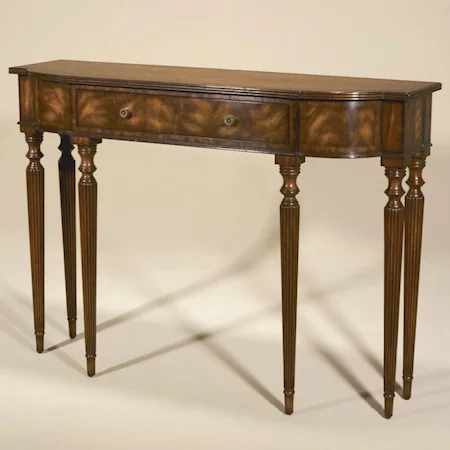 Aged Regency Finished Mahogany Sheraton Sofa Table with Crotch Veneers & Tapered Legs